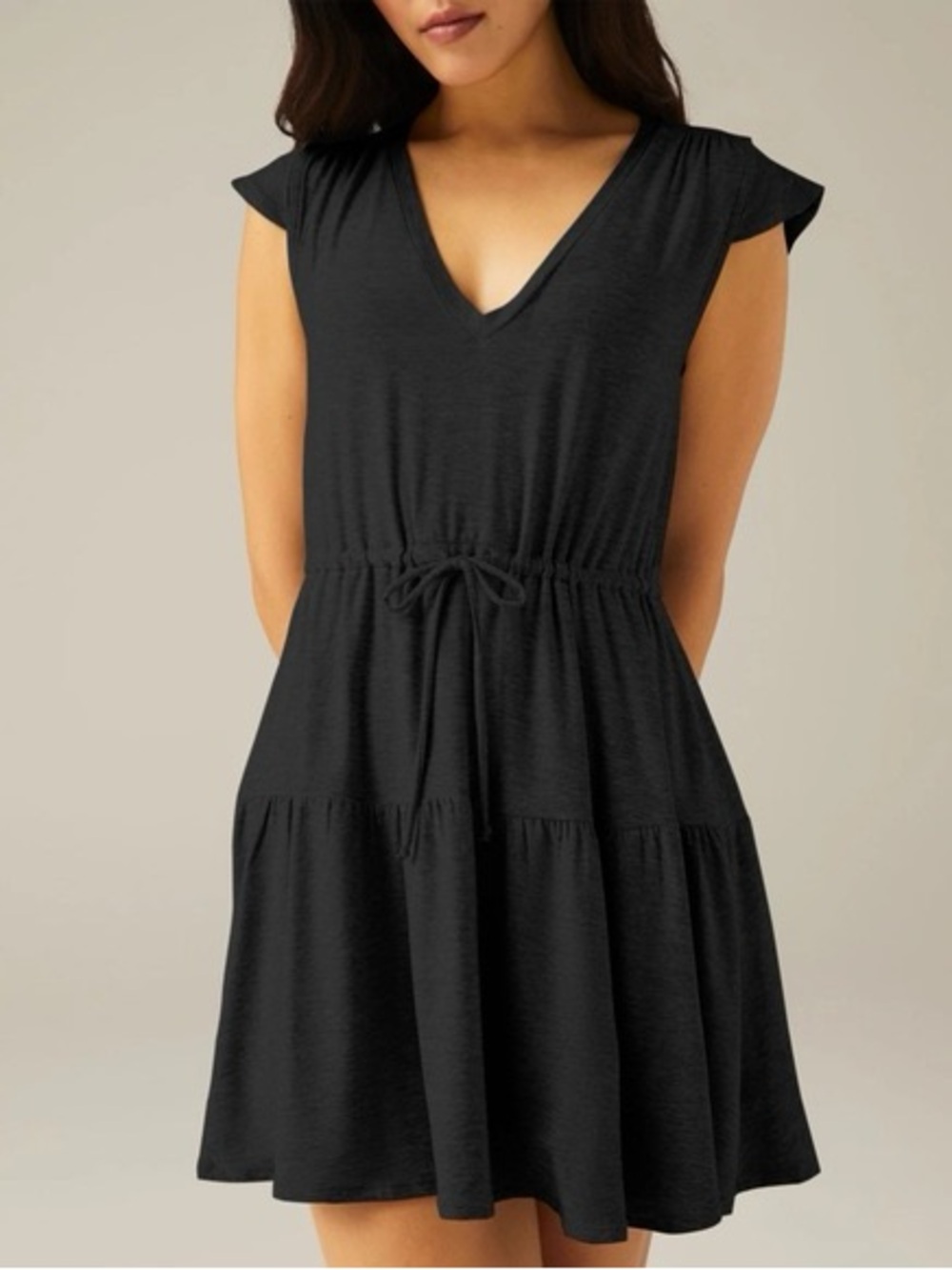 Beyond yoga spacedye feathered out and about ruffle dress in black